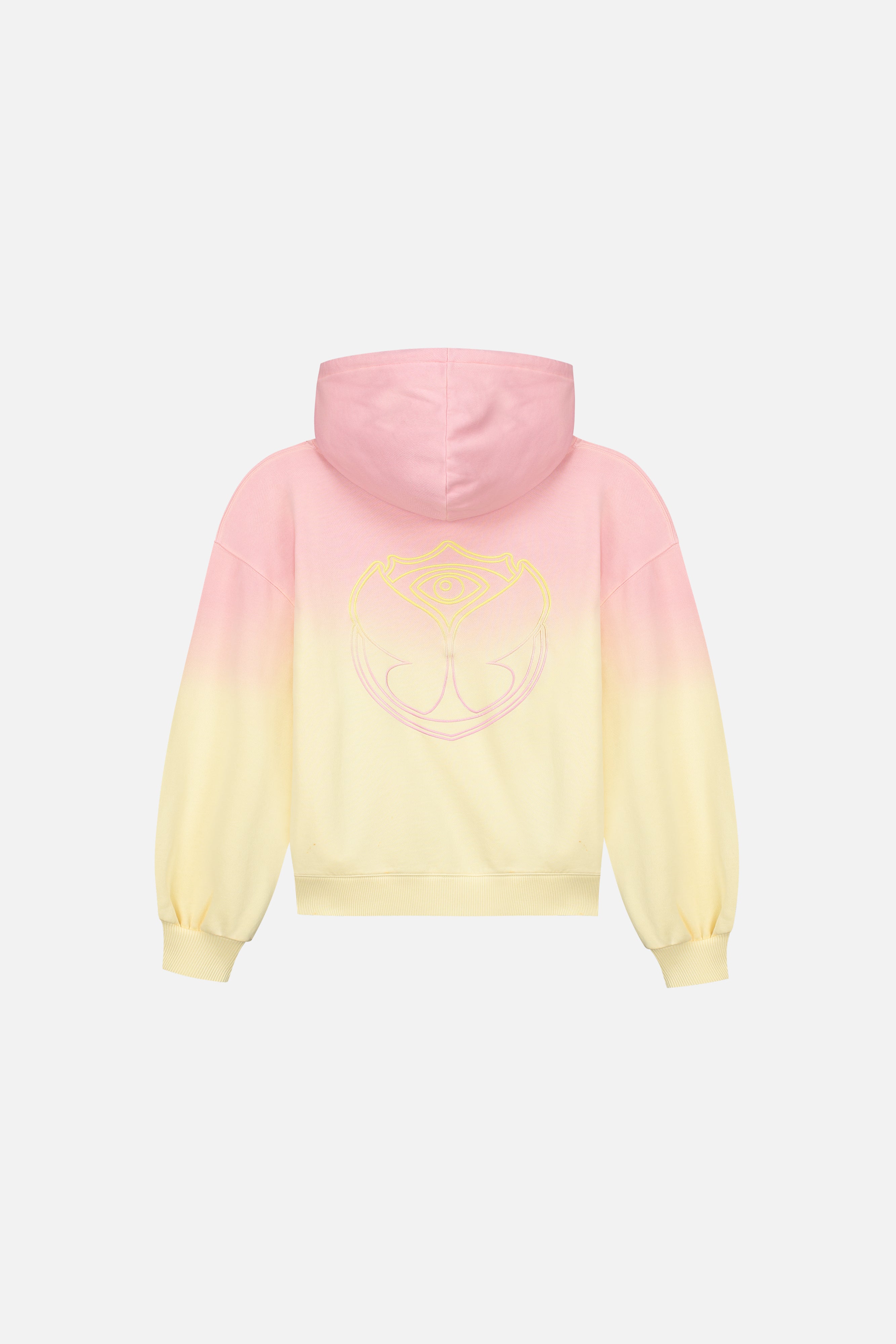 Pink hoodie with yellow sleeves sale